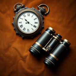 An artistic flat lay composition featuring an antique clock and a pair of vintage binoculars