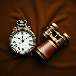 An artistic flat lay composition featuring an antique clock and a pair of vintage binoculars