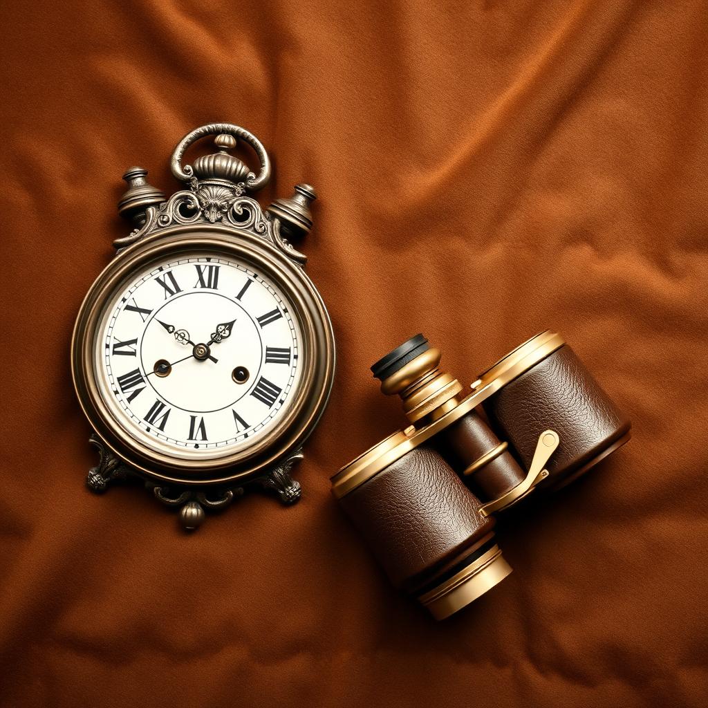 An artistic flat lay composition featuring an antique clock and a pair of vintage binoculars