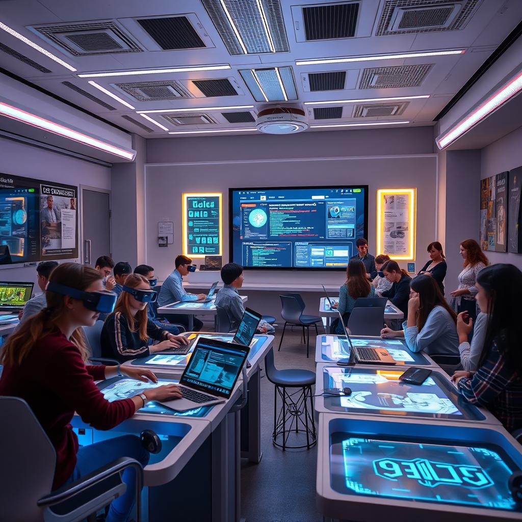 A futuristic classroom for computer science, featuring high-tech desks with holographic displays, students engaging with virtual reality headsets, a large interactive screen showing coding tutorials, vibrant LED lighting, sleek modern furniture, and coding-related posters on the walls