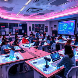 A futuristic classroom for computer science, featuring high-tech desks with holographic displays, students engaging with virtual reality headsets, a large interactive screen showing coding tutorials, vibrant LED lighting, sleek modern furniture, and coding-related posters on the walls
