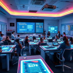 A futuristic classroom for computer science, featuring high-tech desks with holographic displays, students engaging with virtual reality headsets, a large interactive screen showing coding tutorials, vibrant LED lighting, sleek modern furniture, and coding-related posters on the walls