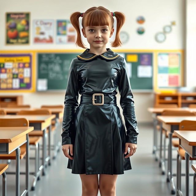 A full-figure view of a young girl with short hair styled in pigtails, dressed in a trendy black latex school uniform