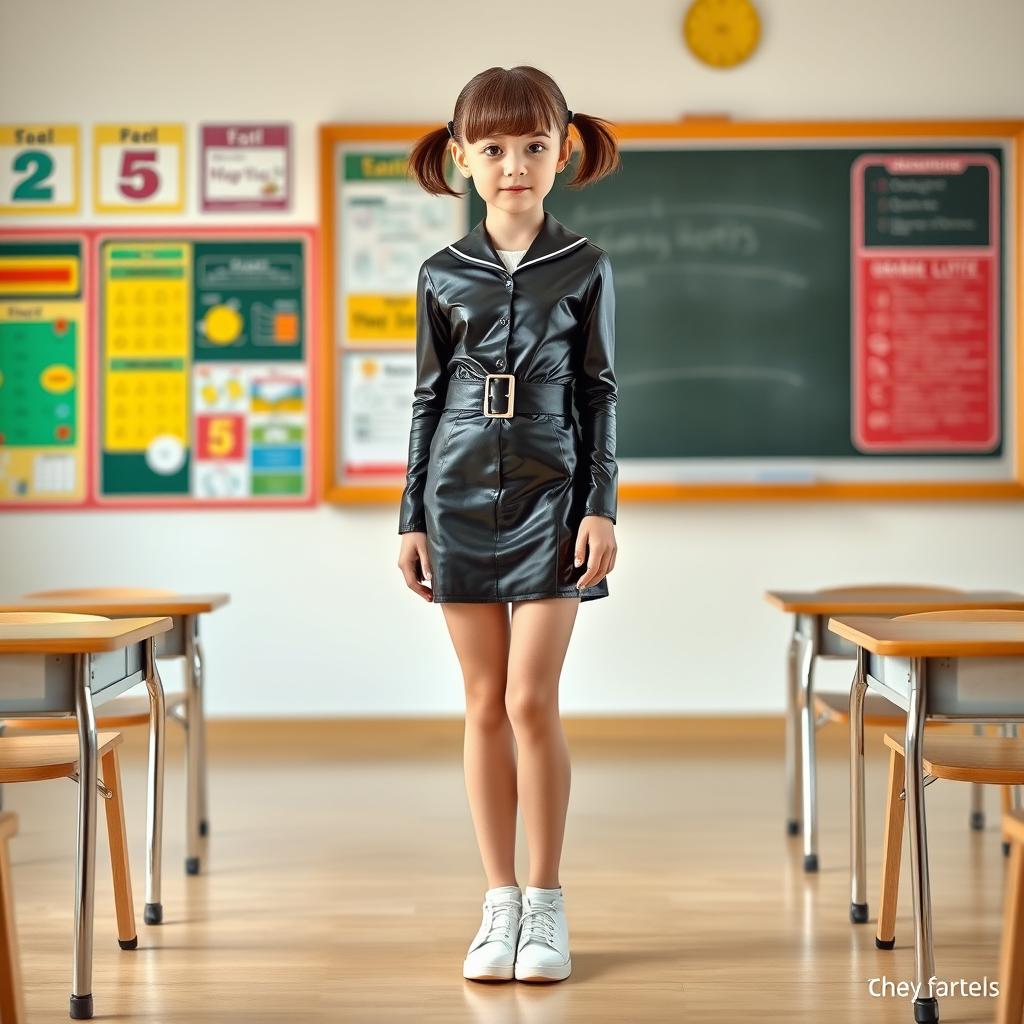 A full-figure view of a young girl with short hair styled in pigtails, dressed in a trendy black latex school uniform