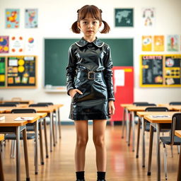 A full-figure view of a young girl with short hair styled in pigtails, dressed in a trendy black latex school uniform