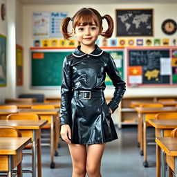 A full-figure view of a young girl with short hair styled in pigtails, dressed in a trendy black latex school uniform
