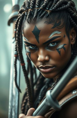 A close-up portrait of a fierce and confident female warrior named Siya, with intense eyes and tribal face paint