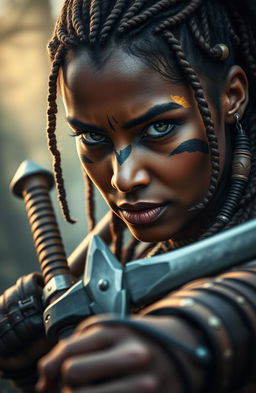 A close-up portrait of a fierce and confident female warrior named Siya, with intense eyes and tribal face paint