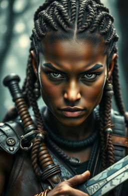 A close-up portrait of a fierce and confident female warrior named Siya, with intense eyes and tribal face paint