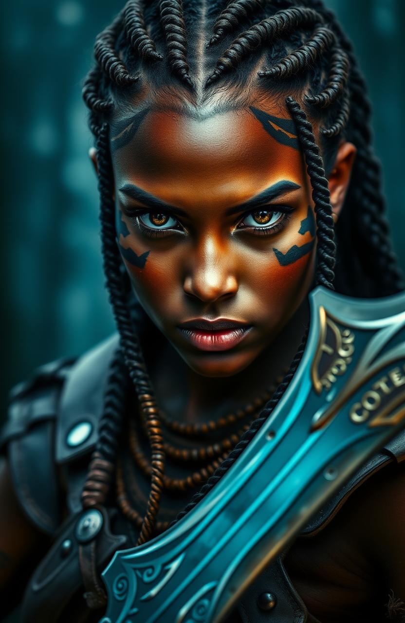 A close-up portrait of a fierce and confident female warrior named Siya, with intense eyes and tribal face paint