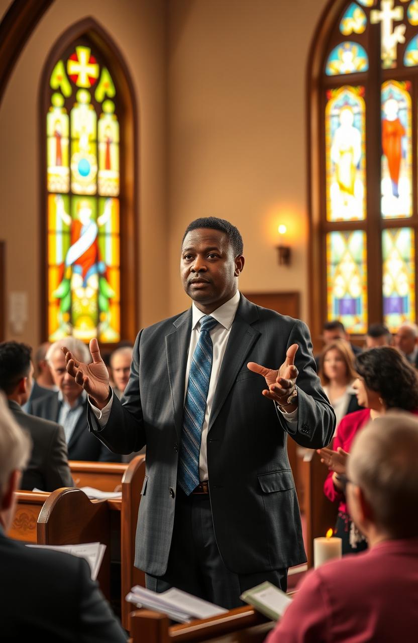 A thoughtful and contemplative image depicting a pastor, specifically Joshua James, delivering a sermon in a serene church setting