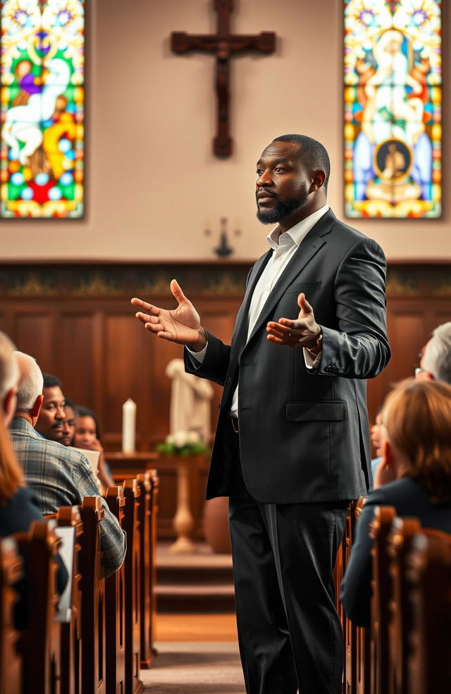 A thoughtful and contemplative image depicting a pastor, specifically Joshua James, delivering a sermon in a serene church setting