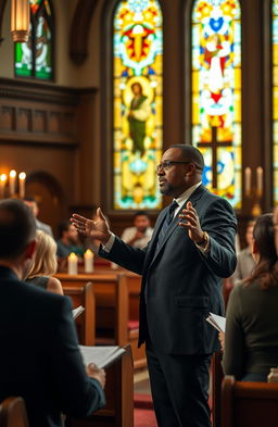 A thoughtful and contemplative image depicting a pastor, specifically Joshua James, delivering a sermon in a serene church setting