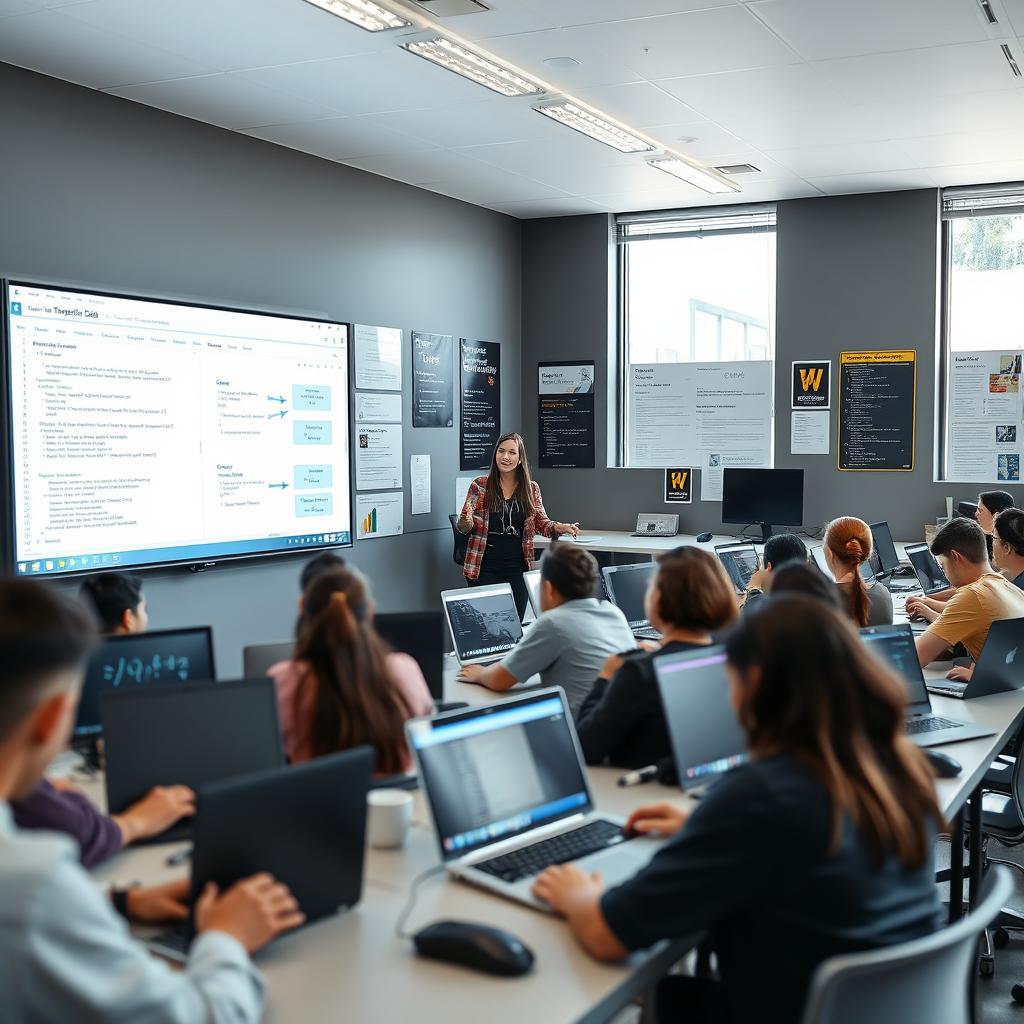 A sleek, modern computer science classroom filled with students engaged in coding on high-tech laptops, screens displaying complex algorithms and data visualizations, a whiteboard covered with programming languages and flowcharts