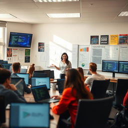 A sleek, modern computer science classroom filled with students engaged in coding on high-tech laptops, screens displaying complex algorithms and data visualizations, a whiteboard covered with programming languages and flowcharts