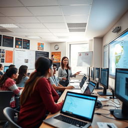 A sleek, modern computer science classroom filled with students engaged in coding on high-tech laptops, screens displaying complex algorithms and data visualizations, a whiteboard covered with programming languages and flowcharts