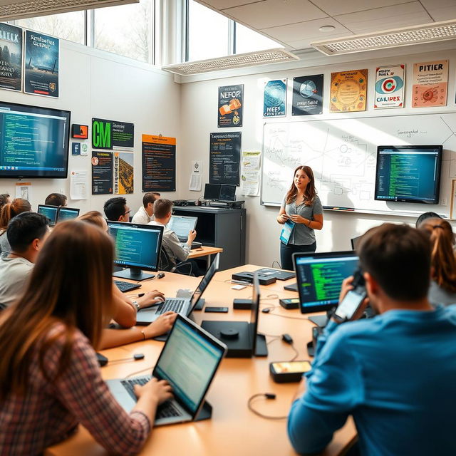 A sleek, modern computer science classroom filled with students engaged in coding on high-tech laptops, screens displaying complex algorithms and data visualizations, a whiteboard covered with programming languages and flowcharts