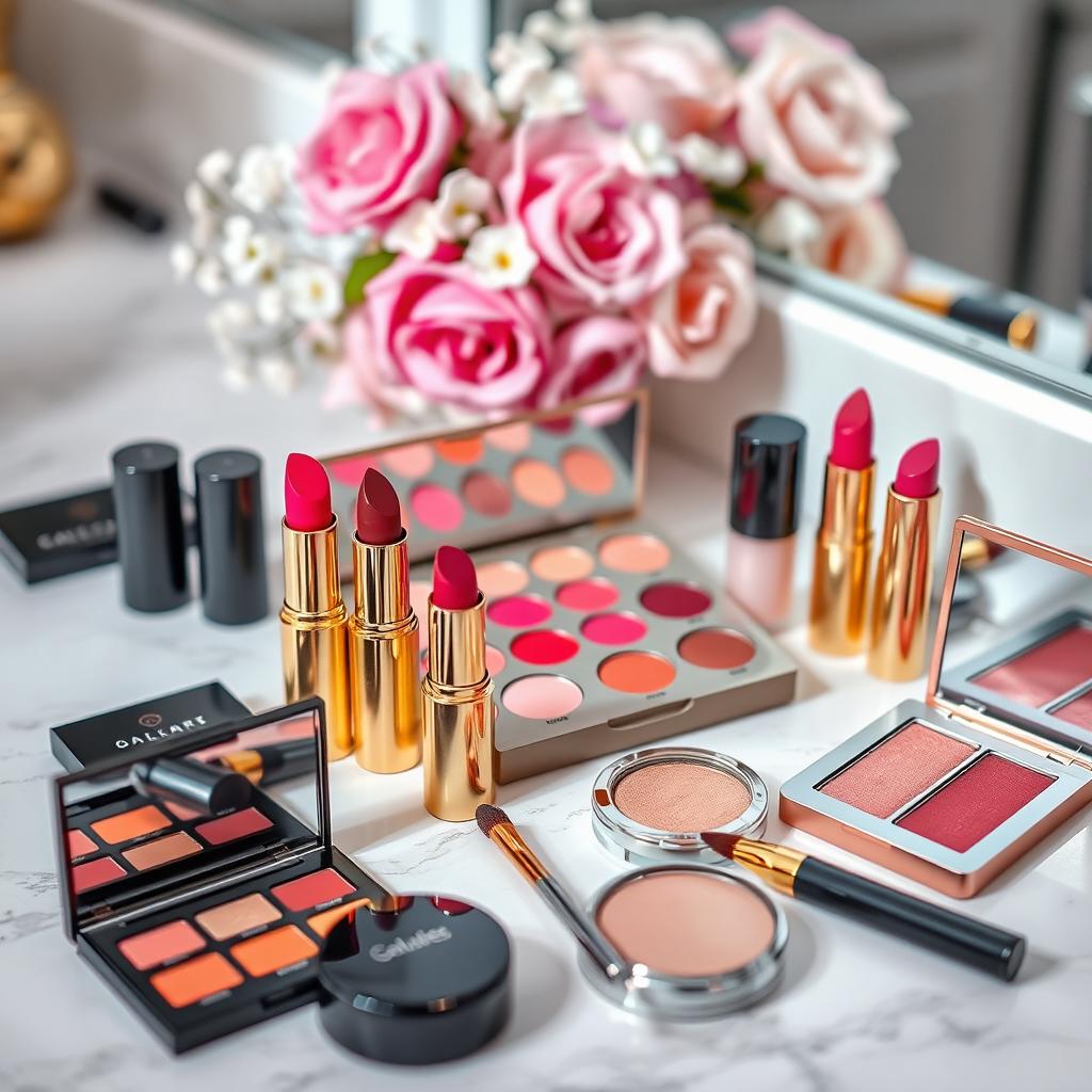 A beautifully arranged display of various cosmetics, showcasing a vibrant color palette