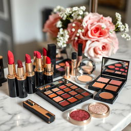 A beautifully arranged display of various cosmetics, showcasing a vibrant color palette