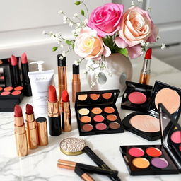 A beautifully arranged display of various cosmetics, showcasing a vibrant color palette