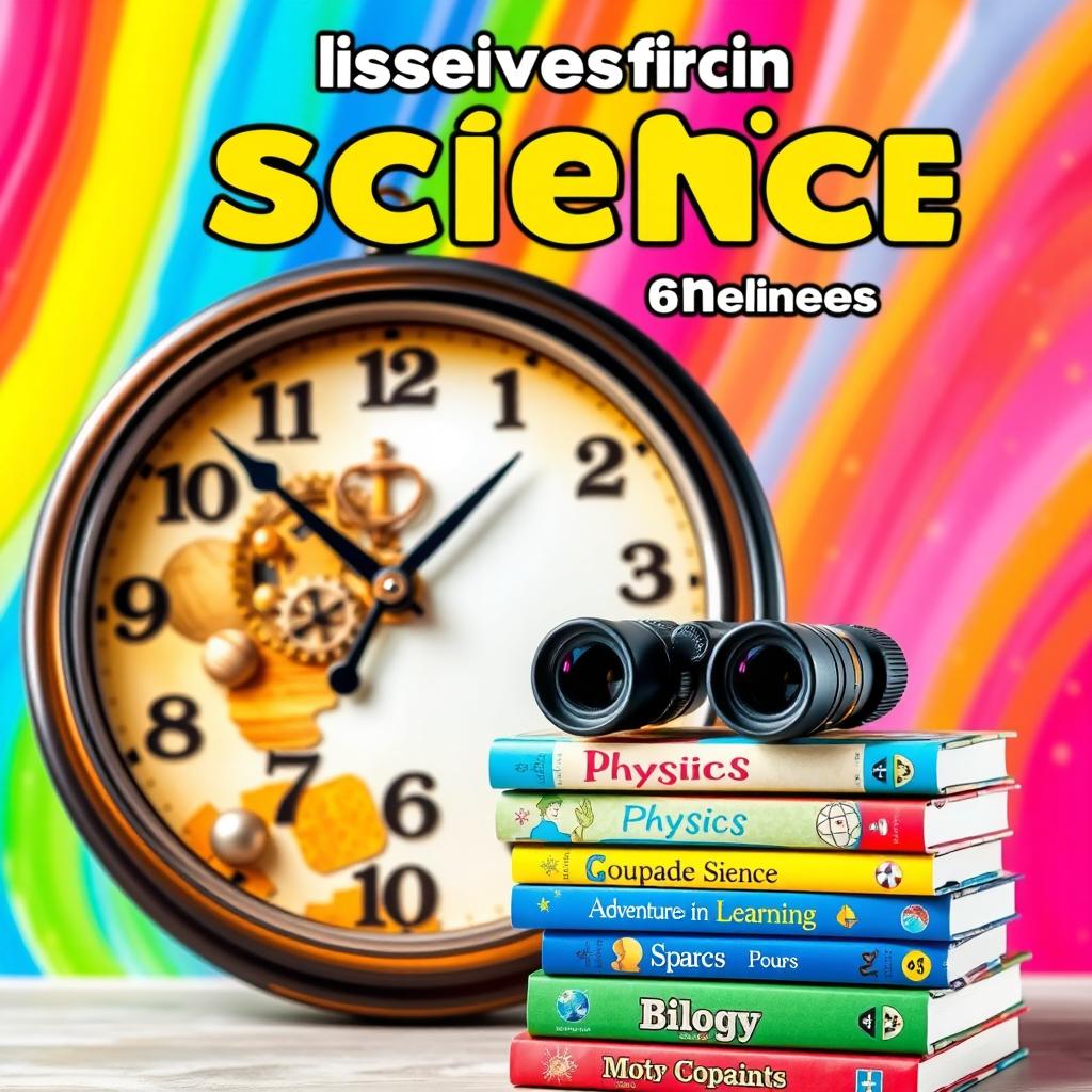 A vibrant and engaging science book cover for sixth graders, featuring a colorful background that sparks curiosity