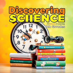 A vibrant and engaging science book cover for sixth graders, featuring a colorful background that sparks curiosity