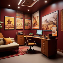 Generate an image of a designated area specifically for a campus chief, incorporating a Nepali theme. The scene should include an optimized desk-chair setup, some wall pictures and a small sofa, while demonstrating perfect interior design principles.