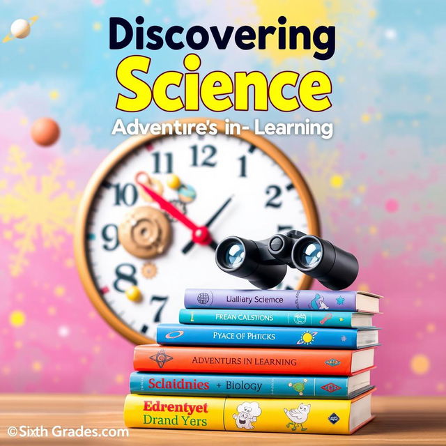 A vibrant and engaging science book cover for sixth graders, featuring a colorful background that sparks curiosity