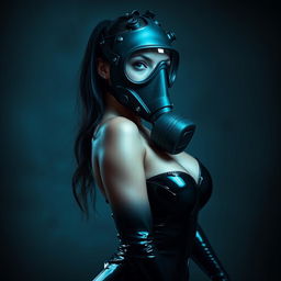 A hot woman with an alluring figure, showcasing her big boobs, fully clad in a very tight-fitting black latex suit that accentuates her curves