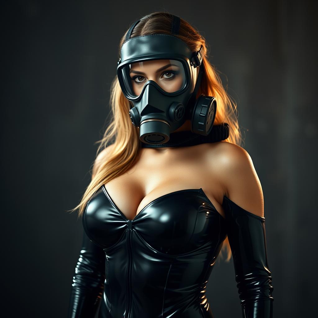 A hot woman with an alluring figure, showcasing her big boobs, fully clad in a very tight-fitting black latex suit that accentuates her curves