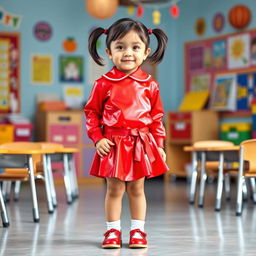 A cute preschool girl with a short hairstyle styled in pigtails, wearing a striking red latex school uniform