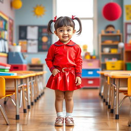 A cute preschool girl with a short hairstyle styled in pigtails, wearing a striking red latex school uniform