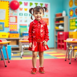 A cute preschool girl with a short hairstyle styled in pigtails, wearing a striking red latex school uniform