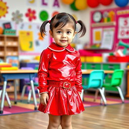 A cute preschool girl with a short hairstyle styled in pigtails, wearing a striking red latex school uniform