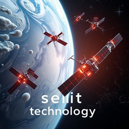 A futuristic scene depicting advanced satellite technology in orbit around Earth, with the text 'Satellite technology' elegantly integrated into the image