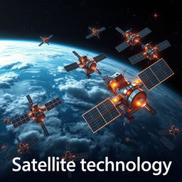 A futuristic scene depicting advanced satellite technology in orbit around Earth, with the text 'Satellite technology' elegantly integrated into the image