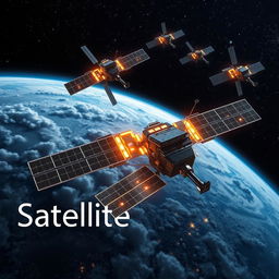 A futuristic scene depicting advanced satellite technology in orbit around Earth, with the text 'Satellite technology' elegantly integrated into the image