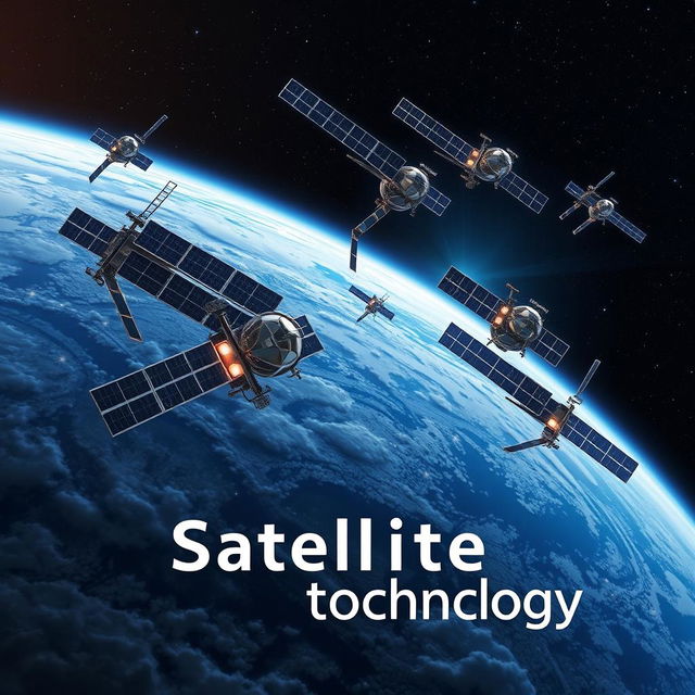 A futuristic scene depicting advanced satellite technology in orbit around Earth, with the text 'Satellite technology' elegantly integrated into the image