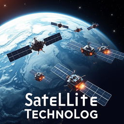 A futuristic scene depicting advanced satellite technology in orbit around Earth, featuring the text 'Satellite Technology' elegantly integrated into the design