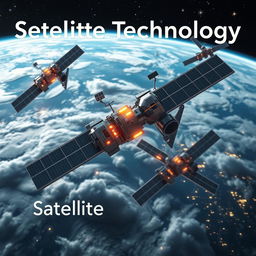 A futuristic scene depicting advanced satellite technology in orbit around Earth, featuring the text 'Satellite Technology' elegantly integrated into the design
