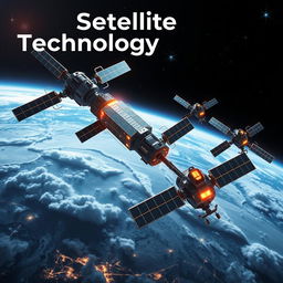 A futuristic scene depicting advanced satellite technology in orbit around Earth, featuring the text 'Satellite Technology' elegantly integrated into the design