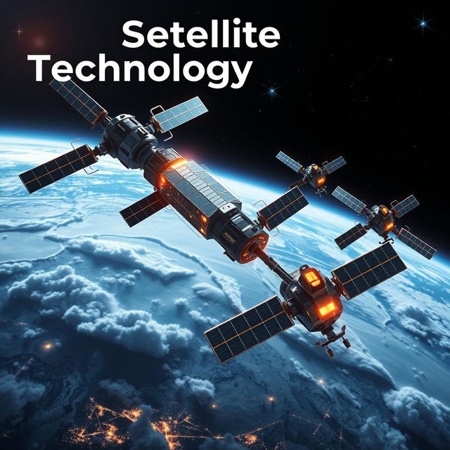 A futuristic scene depicting advanced satellite technology in orbit around Earth, featuring the text 'Satellite Technology' elegantly integrated into the design