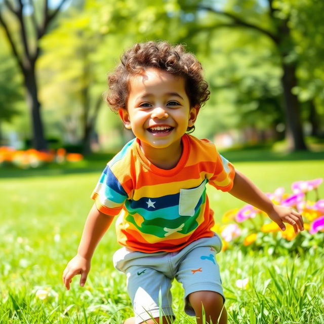 A cute young boy playing happily in a sunny park, wearing a colorful t-shirt and shorts, surrounded by green grass and vibrant flowers