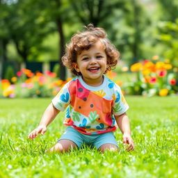 A cute young boy playing happily in a sunny park, wearing a colorful t-shirt and shorts, surrounded by green grass and vibrant flowers