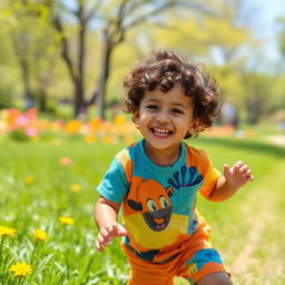 A cute young boy playing happily in a sunny park, wearing a colorful t-shirt and shorts, surrounded by green grass and vibrant flowers