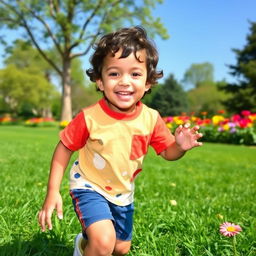 A cute young boy playing happily in a sunny park, wearing a colorful t-shirt and shorts, surrounded by green grass and vibrant flowers