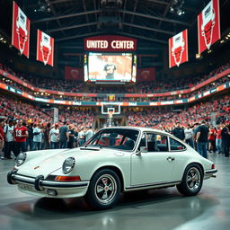 An classic Porsche 911 parked in the iconic United Center, home of the Chicago Bulls