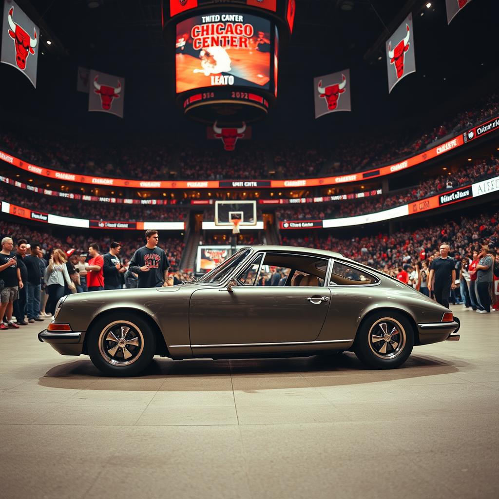 An classic Porsche 911 parked in the iconic United Center, home of the Chicago Bulls