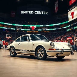 An classic Porsche 911 parked in the iconic United Center, home of the Chicago Bulls