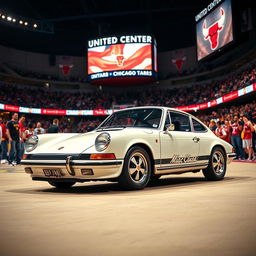 An classic Porsche 911 parked in the iconic United Center, home of the Chicago Bulls